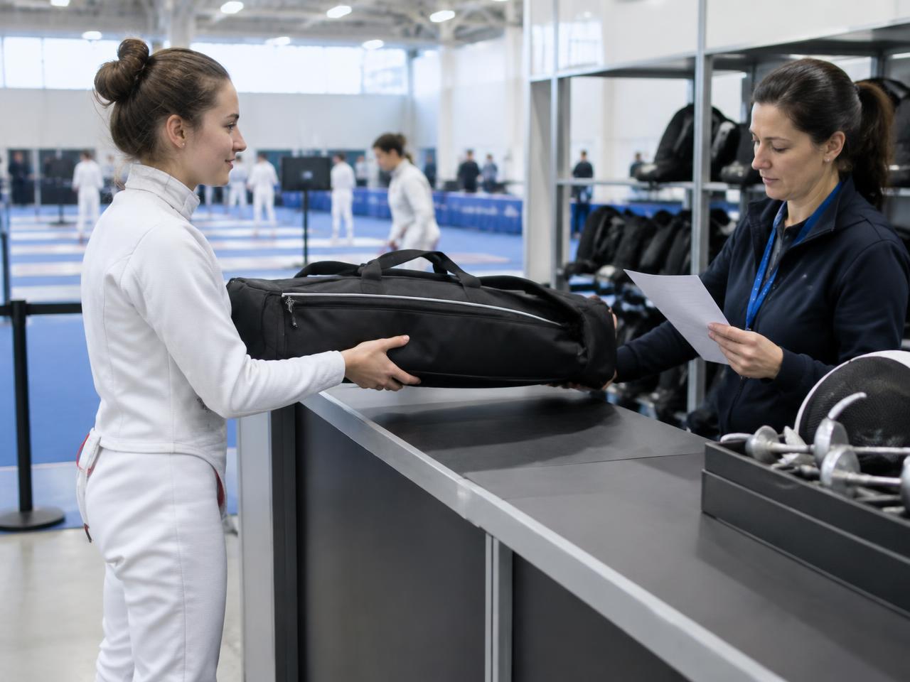 Athlete collecting cleared equipment at the armoury counter